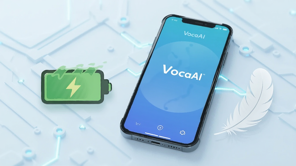 һ��չʾVocaAI�����ͺ����Եĸ���ͼ��������һ���ֻ��Ա߷���һ��������������ɫ���ͼ���һ����ë���ֻ���Ļ����ʾVocaAI�����������У�������ǳ��ɫ�Ƽ�������������¼�࣬����ֱ�ۣ����ʸɾ����޶���Ԫ��