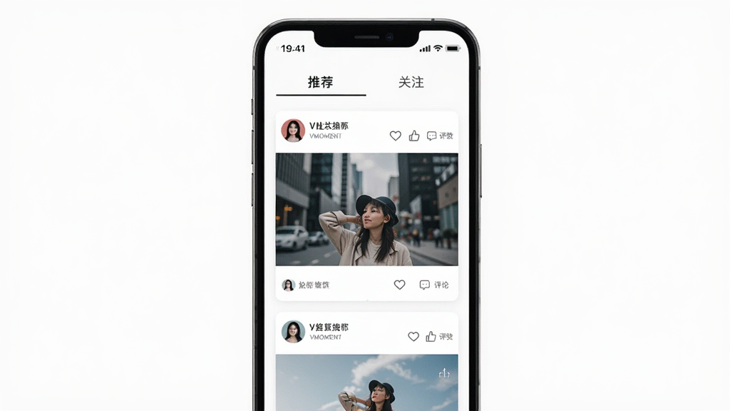 VMOMENT��̬�㳡ҳ�棬�ֻ���Ļ��ʾ�ٲ���ͼ�Ŀ�Ƭ��ÿ�ſ�Ƭ���û�ͷ���ǳơ�ͼƬ�͵�������ͼ�꣬�������Ƽ��͹�ע��ǩ����������ɫ��������¼�Լ�����ʸɾ��޶���Ԫ��