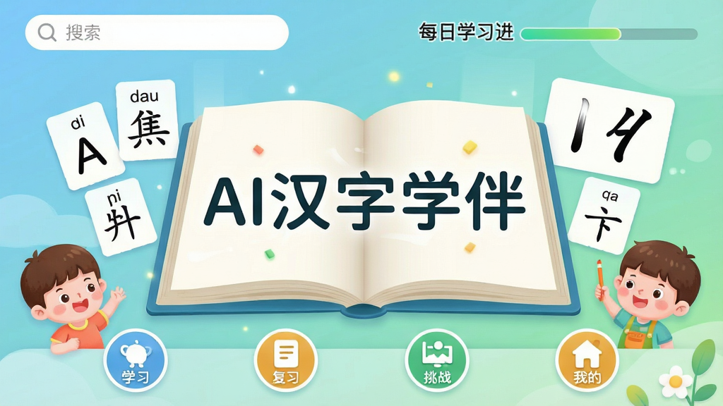 AI����ѧ��Ӧ�������棬����������һ�������ĵ��Ӻ����飬��ҳ�ϸ��ֳ���AI����ѧ�顱��������Χ������ƴ����Ƭ���ʻ������Ϳ�ͨ��ͯ���󣬱�������͵�����ɫ���䣬�������������ÿ��ѧϰ���������ײ���ѧϰ����ϰ����ս���ҵ��ĸ�Բ��ͼ�꣬���岼��������������¿ɰ������ʸɾ��������޶���Ԫ��