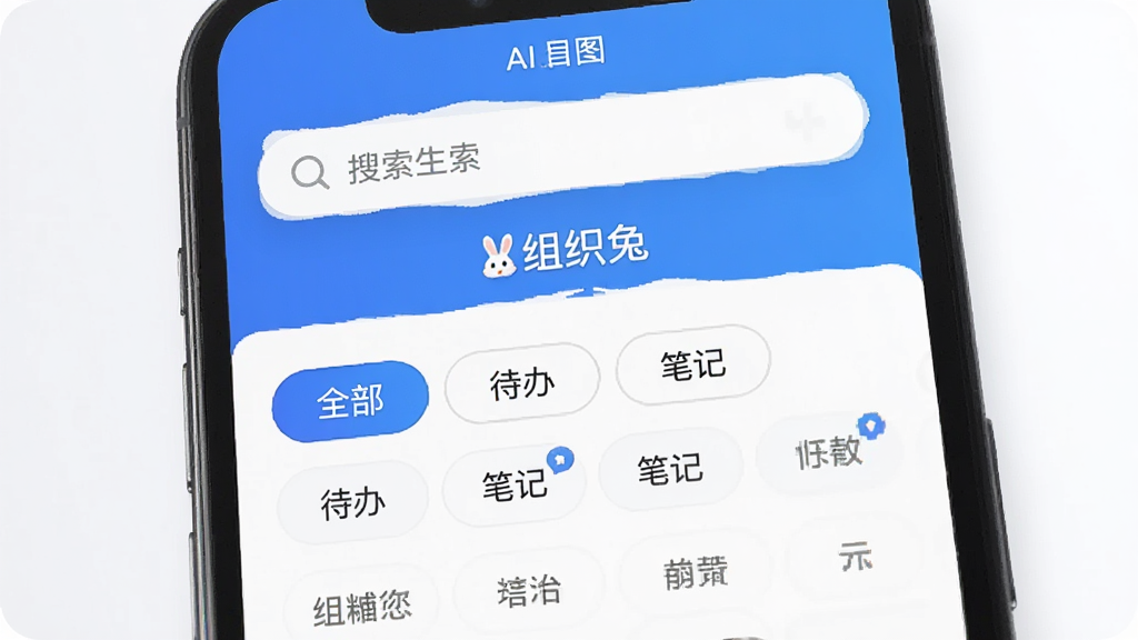 AI生图,画面展示“组织兔”应用中的搜索与标签筛选功能界面,手机屏幕上方为搜索框,下方显示多个标签按钮,如“全部”“待办”“笔记”等中文标签,界面配色为蓝白相间,布局清晰,风格简约现代,画质干净无多余元素,屏幕中带有“组织兔”文字
