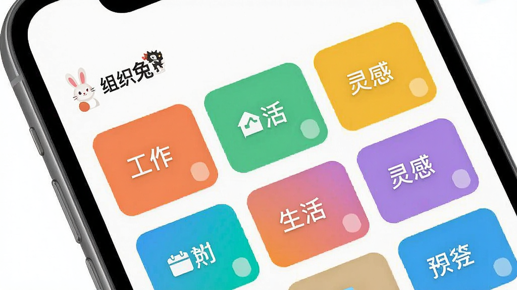 AI生图,画面展示“组织兔”应用内的事项分类管理界面,手机屏幕中显示多个彩色标签卡片,分别标注“工作”“生活”“灵感”等中文分类名称,卡片排列整齐,背景为纯白色,界面风格简洁明快,图标为扁平化设计,画质高清干净,无杂乱元素,突出“组织兔”文字标识