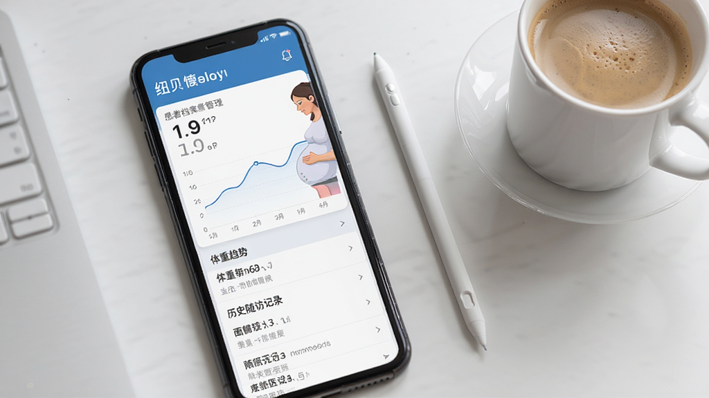 纽贝医生医生端患者档案管理界面,手机屏幕显示一位孕妇的健康档案卡片,包含血压、体重趋势折线图和历史随访记录列表,旁边有一支触控笔和一杯咖啡,桌面整洁,风格现代商务,画质清晰,干净,无多余元素