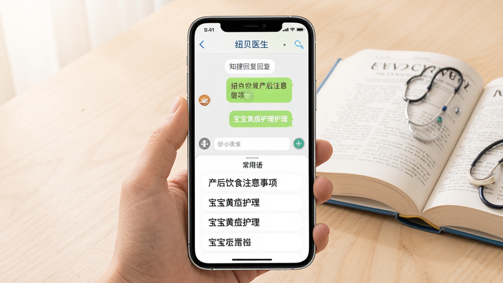 纽贝医生医生端知识库快捷回复界面,手机屏幕显示聊天窗口,下方弹出常用回复短语列表,如“产后饮食注意事项”、“宝宝黄疸护理”,旁边有一本翻开的医学书籍,风格温馨专业,画质清晰,干净,无多余元素