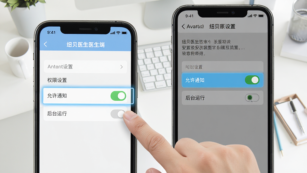纽贝医生医生端安装设置操作示意图,手机屏幕显示权限设置页面,高亮标出“允许通知”和“后台运行”选项,旁边有一只手正在点击屏幕,背景是简洁的办公桌,风格教程指引,画质清晰,干净,无多余元素