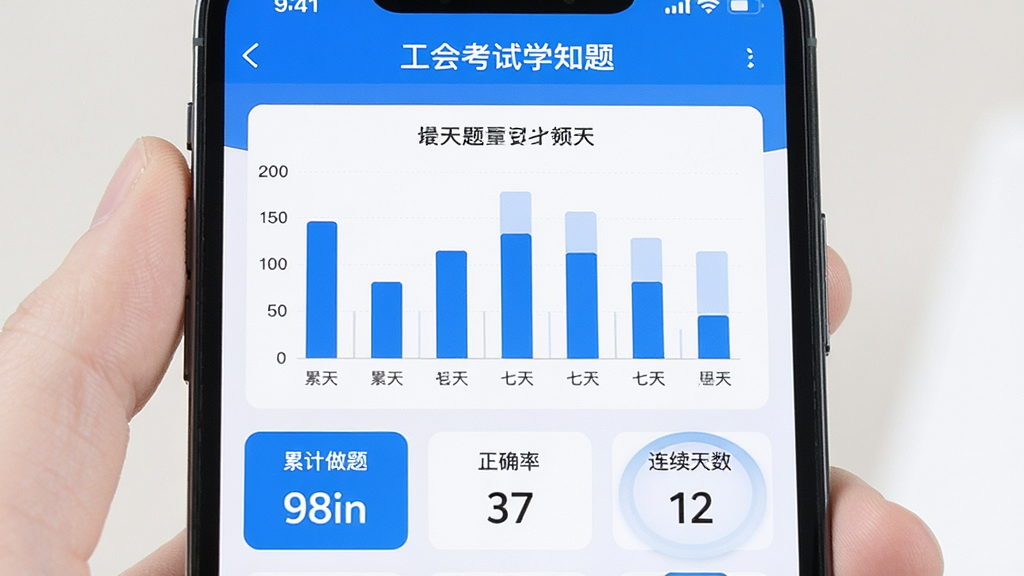 手机屏幕显示“工会考试学知题”的学习统计页面,中间有柱状图显示最近七天的刷题数量,下方有“累计做题”“正确率”“连续天数”三个数据卡片,界面清爽,蓝白配色,画质干净,无多余元素