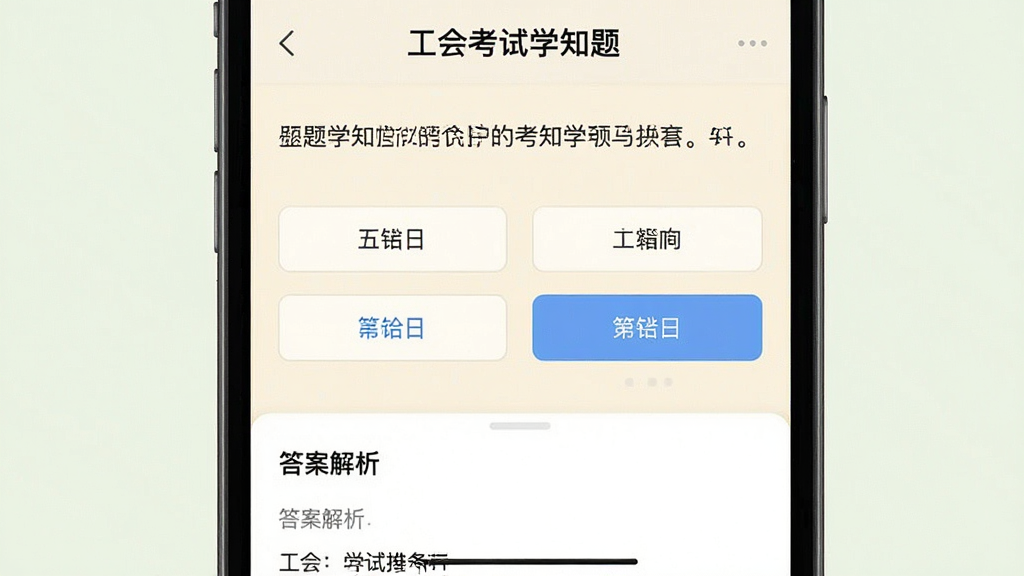 手机屏幕显示“工会考试学知题”的做题界面,题目文字清晰,下方有四个选项按钮,其中一个被选中,底部弹出“答案解析”区域,背景为护眼浅色,风格简洁,画质干净,无多余元素