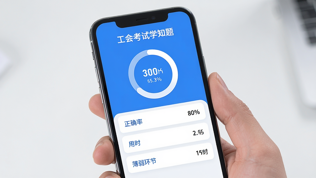 手机屏幕显示“工会考试学知题”的模拟考试报告页面,顶部有分数环形图,下方列出“正确率”“用时”“薄弱环节”等数据条目,界面排版清晰,蓝白配色,风格现代,画质干净,无多余元素