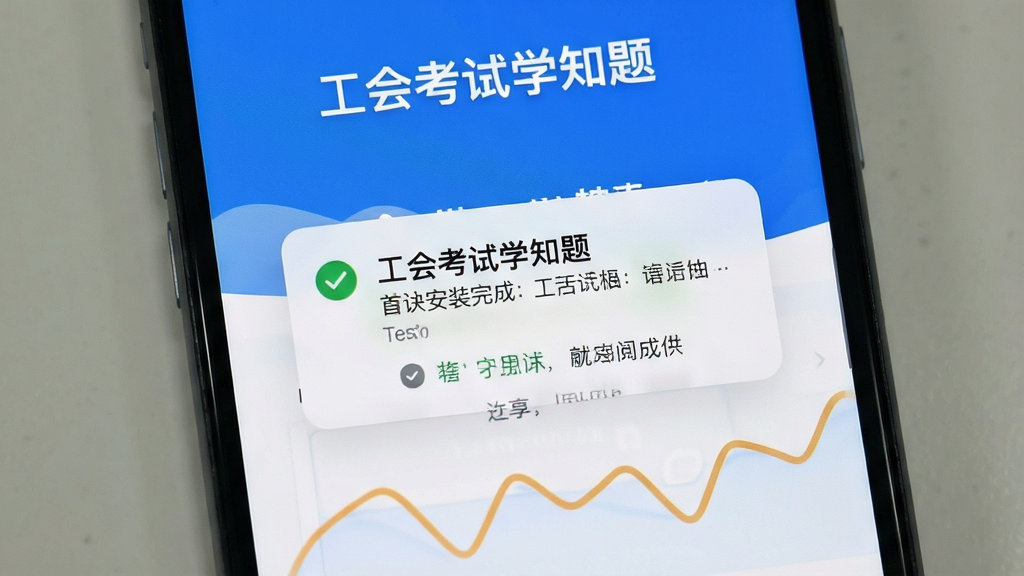 手机屏幕显示“工会考试学知题”安装完成后的首次打开界面,弹出权限请求弹窗,背景是简洁的蓝白界面,文字清晰,画质干净,无多余元素