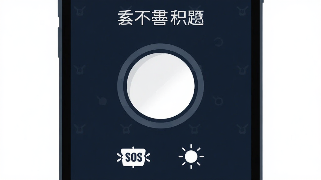 手电筒手机应用主界面展示,中间一个巨大的圆形开关按钮,背景深色,顶部显示手电筒手机字样,底部有SOS闪烁和亮度调节图标,整体布局简洁,扁平化设计风格,深蓝与白色配色,画质干净清晰,无多余元素