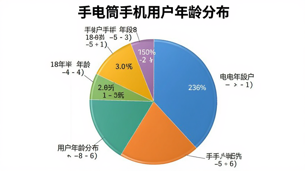 手电筒手机用户年龄分布饼状图,展示18-60岁不同年龄段用户占比,图表清晰,颜色区分明显,标题为手电筒手机用户年龄分布,数据标签完整,背景干净简洁