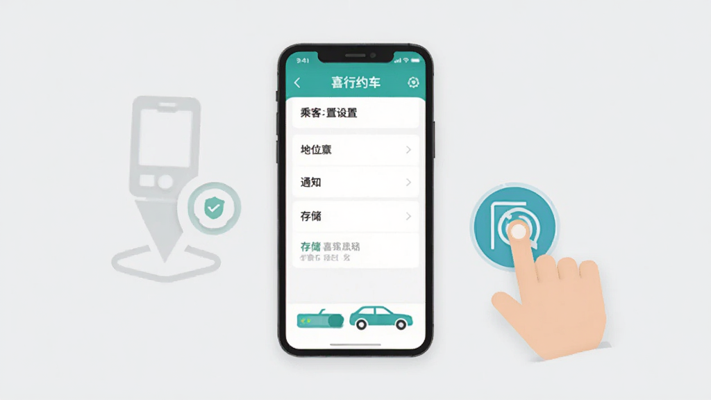 喜行约车乘客端使用教程示意图,画面中一部手机展示着喜行约车乘客端的设置界面,旁边有手指点击屏幕的图标,背景是浅灰色简洁风格,包含定位、通知、存储等选项的文字标签,风格扁平化设计,细节清晰,画质干净,无多余元素