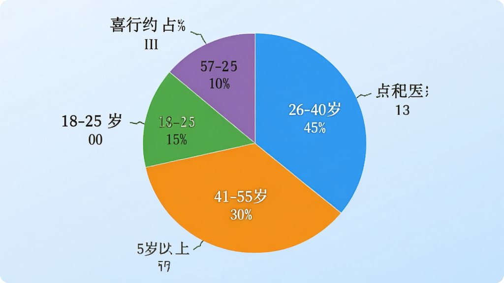 喜行约车乘客端用户年龄分布饼状图,画面中央是一个饼状图,分为四个扇形区域,分别标注18-25岁占比15%、26-40岁占比45%、41-55岁占比30%、56岁以上占比10%,背景是浅蓝色渐变,图表颜色鲜明,数据标签清晰,风格简洁商务,画质干净,无多余元素