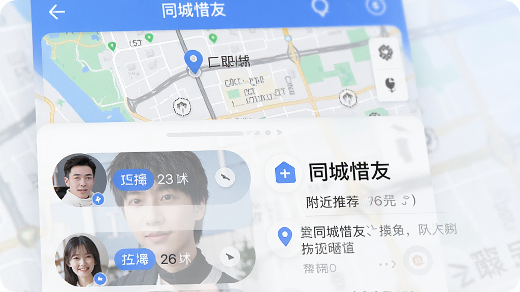 一张AI生图,画面主体是“同城惜友”App的附近推荐界面,布局为顶部地图缩略图下方用户头像列表,排版左图右文,风格写实科技感,细节包括定位图标和距离标签,画质干净无多余元素,高清