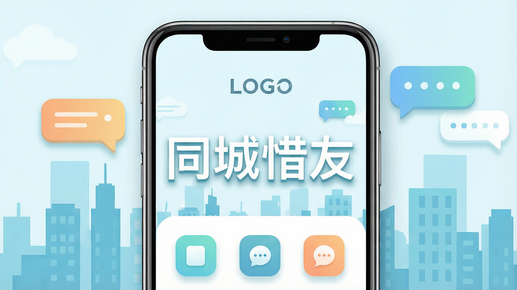 一张手机屏幕展示界面,画面中央是“同城惜友”四个大字,背景是扁平化的城市剪影和聊天气泡,主体是手机界面,布局为上方logo下方功能图标,排版简洁居中,风格现代清新,细节包括圆角图标和柔和阴影,画质干净无多余元素,高清,无多余文字