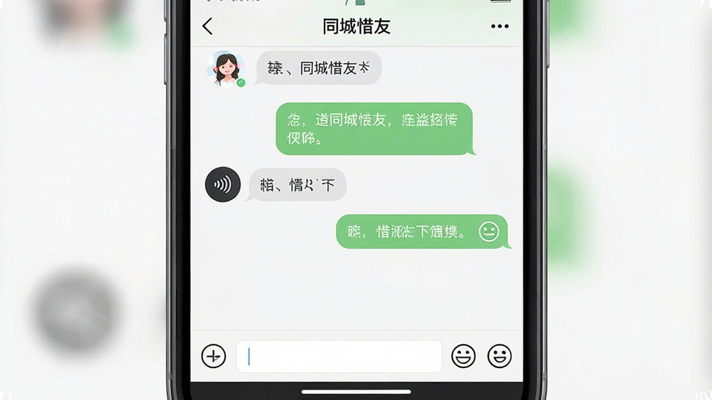 一张手机聊天界面截图风格图片,画面主体是“同城惜友”聊天窗口,布局为顶部联系人名称中间对话气泡底部输入框,排版纵向排列,风格简洁清爽,细节包括语音按钮和表情图标,画质干净无多余元素,高清