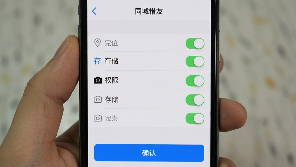 一张手机屏幕展示“同城惜友”安装权限设置界面,画面主体是权限开关列表,布局为顶部应用名称中间权限条目底部确认按钮,排版纵向清晰,风格系统原生设置界面,细节包括定位、存储、相机图标,画质干净无多余元素,高清