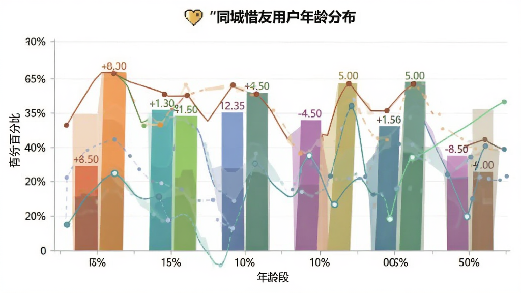 一张柱状图,画面主体是“同城惜友”用户年龄分布数据,布局为横轴年龄段纵轴百分比,排版清晰,风格数据可视化图表,细节包括不同颜色的柱子和数值标签,画质干净无多余元素,高清