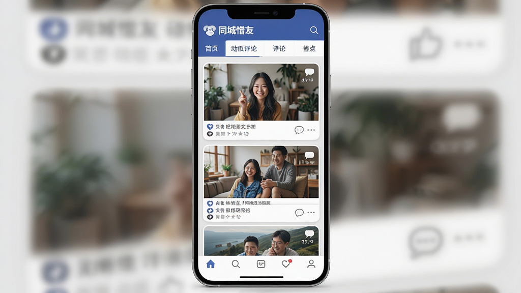 一张AI生图,画面主体是“同城惜友”动态广场页面,布局为顶部标签栏中间瀑布流卡片底部导航栏,排版错落有致,风格社交平台常见风格,细节包括点赞图标和评论气泡,画质干净无多余元素,高清