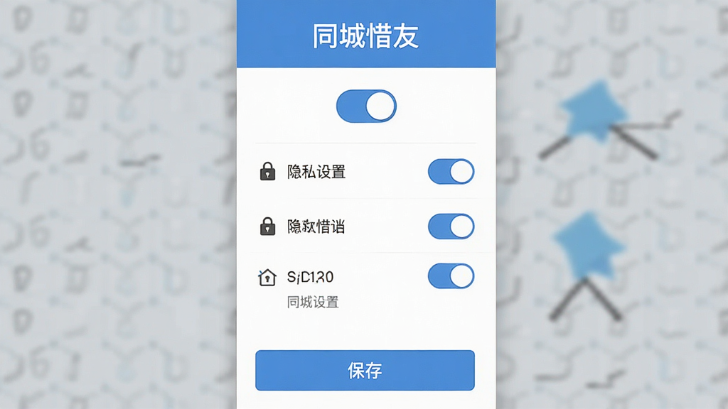 一张AI生图,画面主体是“同城惜友”隐私设置界面,布局为顶部标题中间开关选项列表底部保存按钮,排版清晰纵向,风格扁平化设计,细节包括锁形图标和开关滑块,画质干净无多余元素,高清