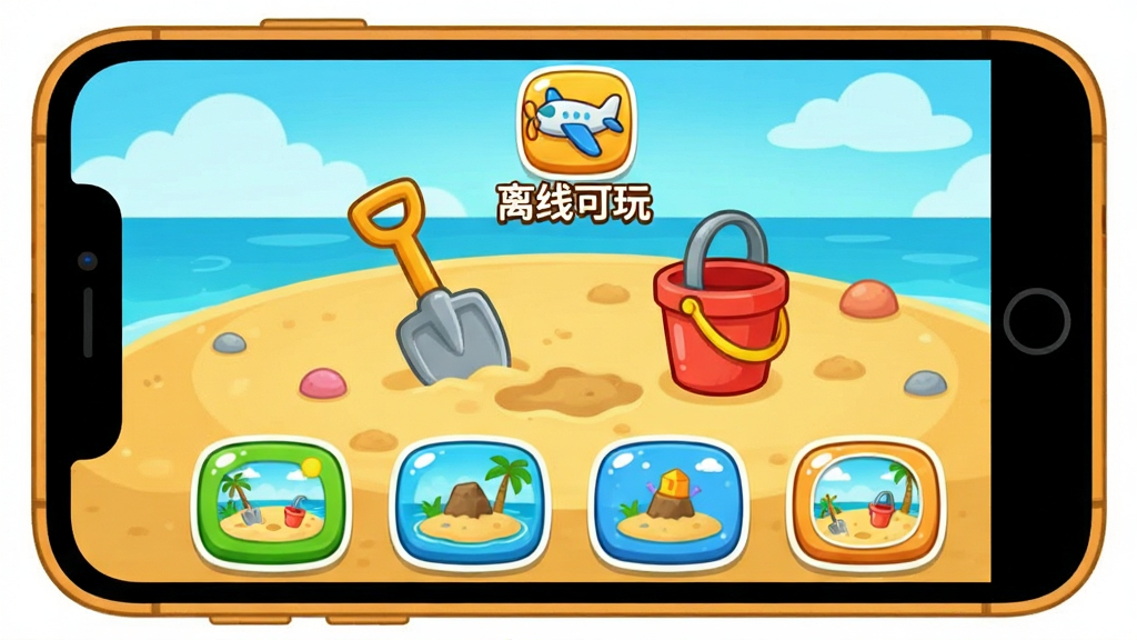 ����������һ����ͨ�����ֻ���Ļ���棬��Ļ����ʾɳ̲�ھ���Ϸ���棬ɳ̲���в��Ӻ�СͰ����Ļ�Ϸ���һ���ɻ�ͼ��͡����߿��桱�����ֱ�ʶ����Ļ�·����ĸ�����ѡ��ť���������Ƕ�ͯ��̶������ɫ��������ϸ��Բ�󣬻��ʸɾ��������޶���Ԫ��