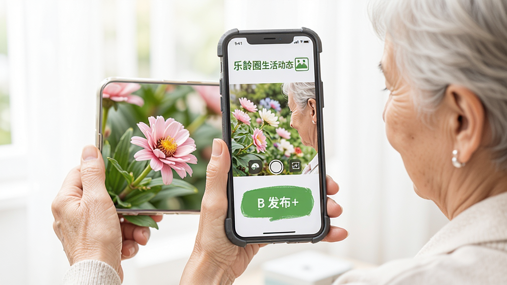 ����Ȧ���̬�������棬չʾһλ�������������ֻ����㻨�䣬��Ļ���з�����ť������ͼƬ��ͼ�꣬�����࣬��ť�����������ɫ����ɫ�Ͱ�ɫΪ���������������ʸɾ��������޶���Ԫ��