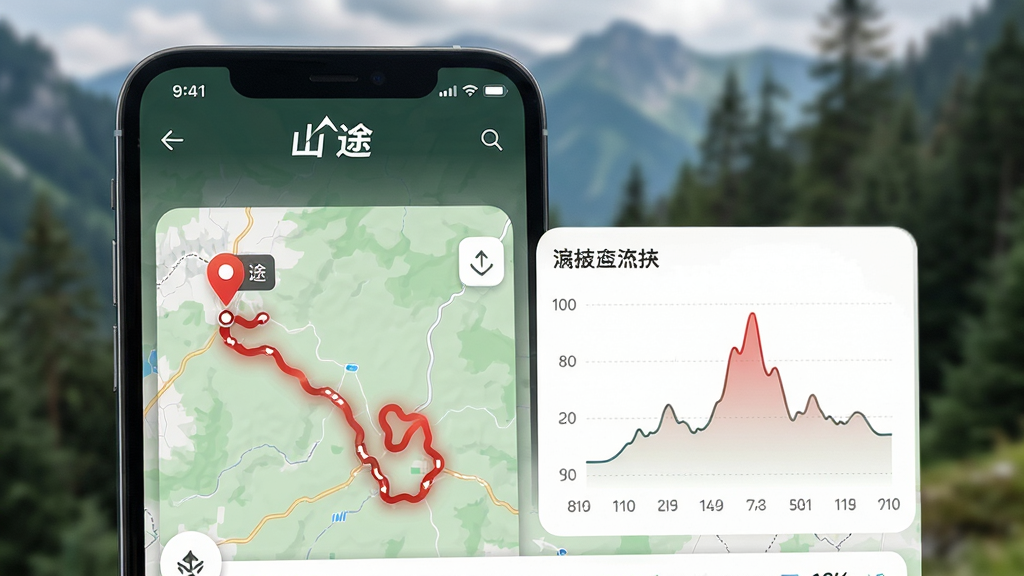 画面主体是一部手机,屏幕显示“山途”App的轨迹记录页面,地图上有一条红色的徒步轨迹线,起点和终点有标记,旁边有海拔曲线图。布局为手机屏幕特写,背景是模糊的山林。排版上“山途”Logo在屏幕顶部,数据文字清晰。风格为科技户外风,细节上轨迹线有渐变效果,海拔图线条流畅。画质干净,无多余元素。