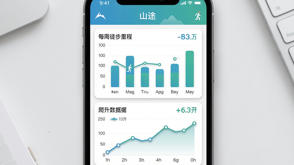 画面主体是手机屏幕展示“山途”App的数据统计页面,有柱状图和折线图,显示每周徒步里程和爬升数据。布局为手机居中,背景是简洁的浅灰色桌面。排版上图表颜色用蓝绿搭配,文字标签清晰。风格为现代扁平化数据风,细节上图表有轻微阴影,数字字体圆润。画质高清,干净,无多余元素。