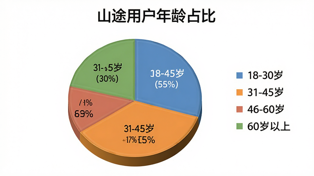 画面主体是一个饼状图,展示“山途”用户年龄分布,饼图分为四块,分别标注“18-30岁”“31-45岁”“46-60岁”“60岁以上”,每块颜色不同,有百分比数字。布局为饼图居中,背景是白色。排版上标题“山途用户年龄占比”在饼图上方,图例在右侧。风格为简洁数据可视化,细节上饼图有轻微立体感,文字清晰。画质干净,无多余元素。