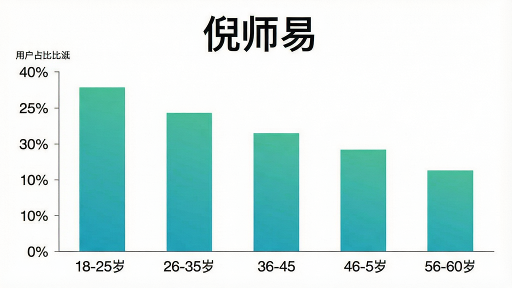 倪师易App用户年龄分布柱状图,画面展示一个简洁的柱状图表,横轴标注18-25岁、26-35岁、36-45岁、46-55岁、56-60岁五个年龄段,纵轴标注用户占比百分比,柱体颜色为渐变的青绿色,图表上方有倪师易文字标题,背景纯白,风格现代数据可视化,画质清晰干净