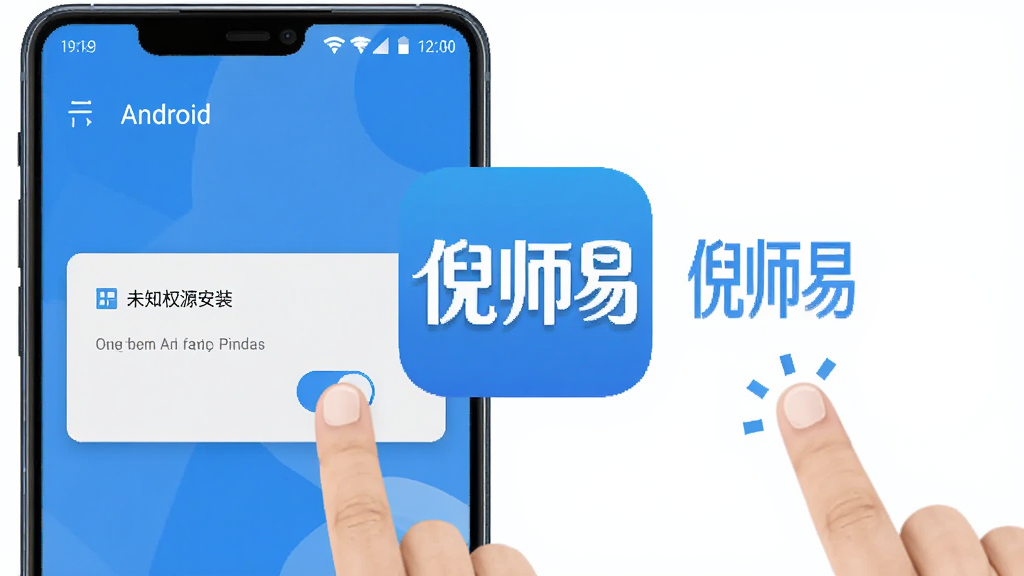 倪师易App安装权限设置示意图,画面展示手机屏幕中安卓系统的未知来源应用安装权限开关界面,旁边有手指点击操作的示意,界面风格简洁现代,色彩以蓝白为主,画面中央有倪师易文字标识,整体清晰易懂,画质干净无多余元素
