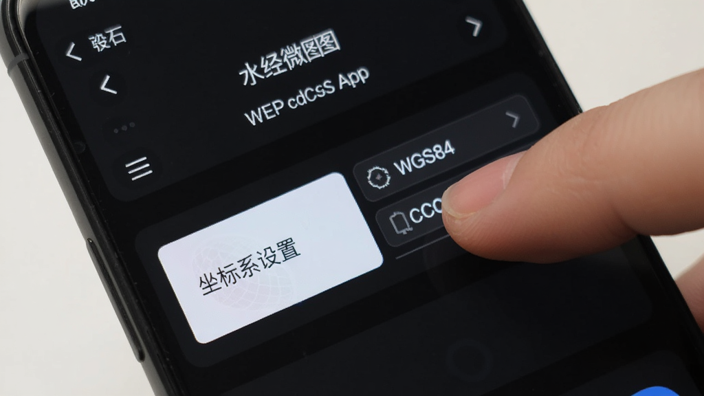 �ֻ���Ļ��ʾˮ��΢ͼAPP�����ý��棬�����и�����ʾ������ϵ���á�ѡ��Ա���WGS84��CGCS2000��ѡ���ָ��׼���������������ɫUI��������������ʸɾ�