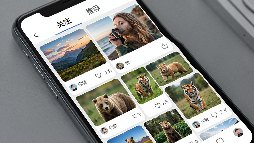 һ�Ŵ�����App�������������ͼƬ���������ֻ���Ļ����Ļ��ʾһ���ٲ������ֵ�ͼƬ������ÿ��ͼƬ�·��е��ް�ť������ͷ�񣬶����С���ע���͡��Ƽ�����ǩҳ�����ֲ��������Ű档���Ϊ�ִ��罻App���ϸ����ͼƬ���ݶ������з羰�����������ʸ��壬����ɾ����޶���Ԫ�ء�