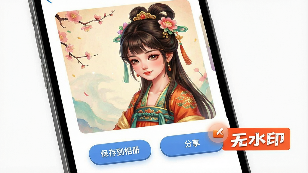 һ��չʾ������App������Ʒ��������ͼƬ���������ֻ���Ļ����Ļ������һ�ž����Ĺŷ���Ů�廭�������·��С����浽��ᡱ�͡�������������ť����ť�Ա���һ����Ŀ�ġ���ˮӡ����ǩ�����ּ�ࡣ���ΪUI����չʾ��ϸ���ϲ廭ɫ�ʷḻ����ť�а�ѹ�ʸС����ʸ��壬����ɾ����޶���Ԫ�ء�
