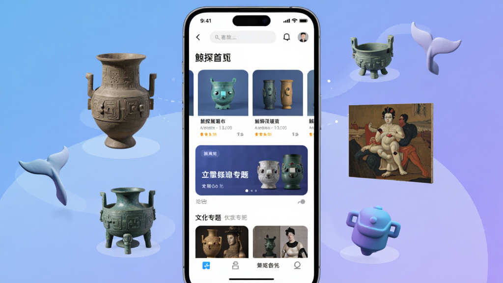 һ��չʾ��̽App��ҳ�����ֲ廭�������������ֻ���Ļ����Ļ����ʾ��̽App����ҳ���棬�������ֲ�Ʒ��Ƭ���ֲ�ͼ���Ļ�ר����ڣ��ֻ���Χ���������ֻ����������������3Dģ��Ԫ�أ���������͵�����ɫ���䣬�������ִ��Ƽ��У��������������ʸɾ����޶���Ԫ��