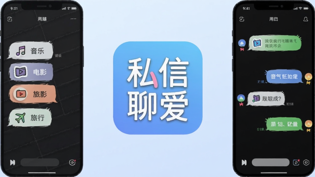 һ���廭�������м��ǡ�˽���İ�����LOGO�����߸���һ���ֻ���Ļ�������Ļ��ʾ�û���Ȥ��ǩ�硰���֡�����Ӱ�������С����ұ���Ļ��ʾƥ��ɹ����������ݣ������ǵ���ɫ���䣬����ƽ����ϸ�����������ʸɾ�