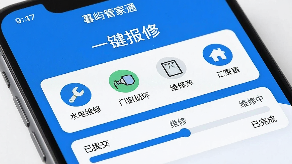 �ֻ���Ļ��д��չʾ��ĺ��ܼ�ͨ���ı��޹������棬��������ɫ�Ͱ�ɫΪ����������ʾ��һ�����ޡ��ĸ��֣��м���ˮ��ά�ޡ��Ŵ��𻵵�ͼ�꣬�·���һ�����ڽ��еĹ������������ӡ����ύ������ά���С��ٵ�������ɡ������������ִ��������������޶���Ԫ�ء�