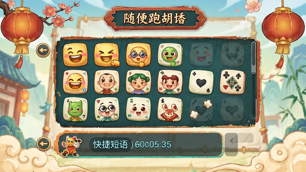 随便跑胡子 游戏内聊天界面 展示表情包和快捷短语 卡通风格 中国风元素 画面活泼 画质干净 无多余元素