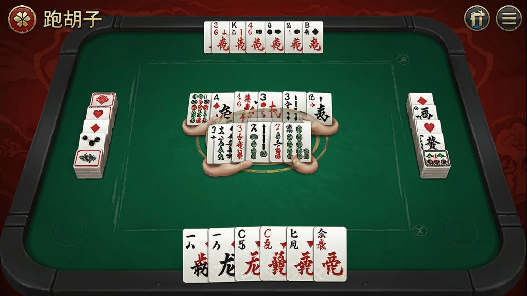 随便跑胡子 游戏主界面截图 展示牌桌和手牌布局 中国风棋牌游戏画面 红黑配色 清晰简洁 画质干净 无多余元素