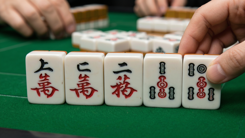 随便跑胡子 游戏对局中 玩家手牌特写 中国风麻将牌面 红黑配色 清晰牌面 画质干净 无多余元素