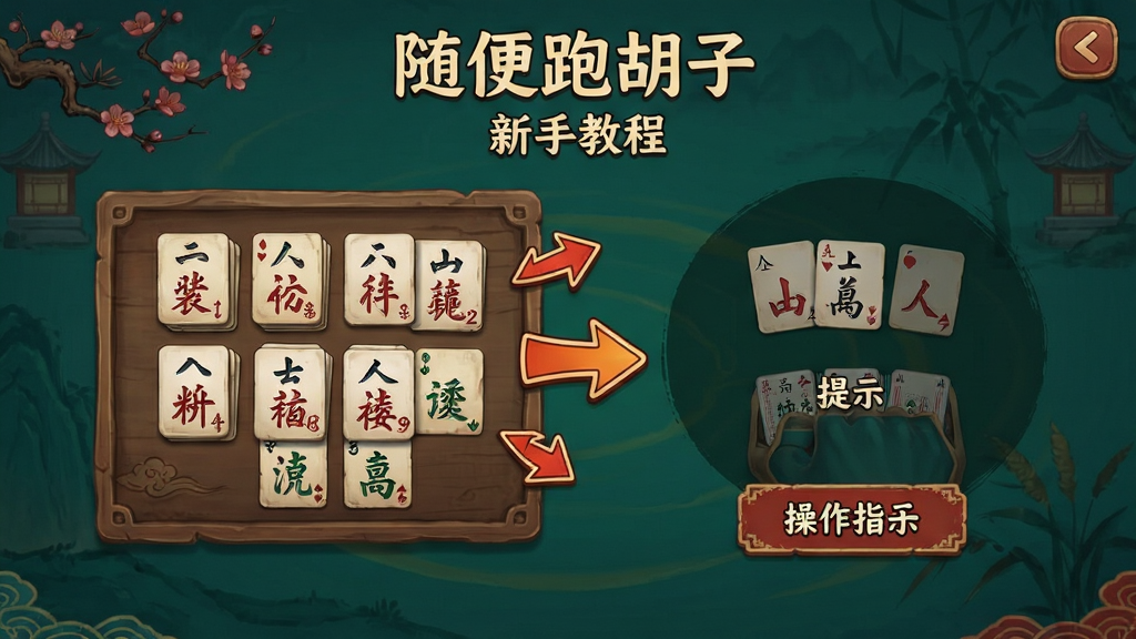 随便跑胡子 新手教程界面 展示牌型提示和操作指引 中国风棋牌游戏画面 清晰箭头标注 画质干净 无多余元素