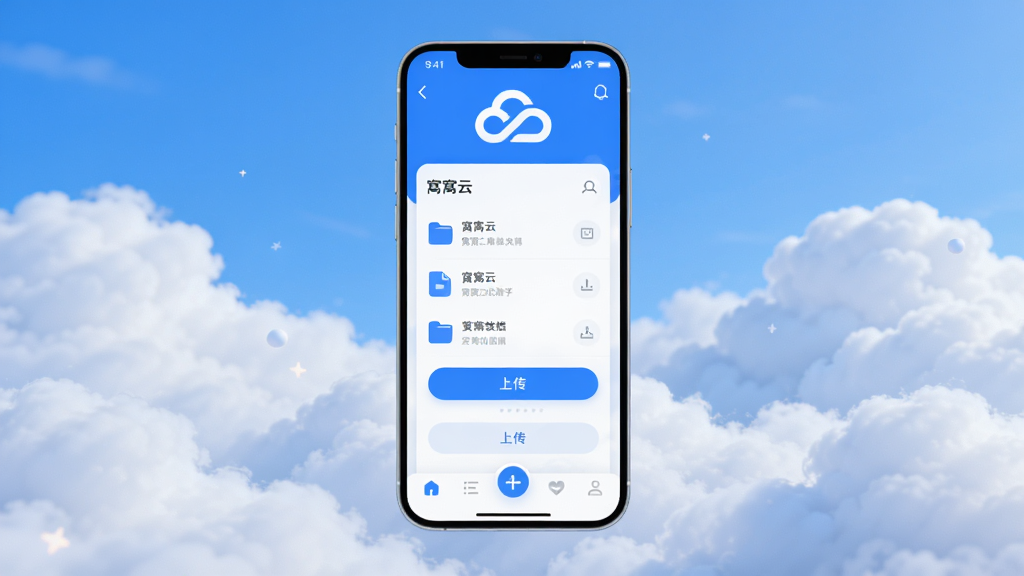 窝窝云软件主界面全貌展示,主体是一个手机屏幕悬浮在云端背景上,屏幕内显示窝窝云APP的简洁首页,布局清晰,顶部是云朵形状的窝窝云LOGO,中间是文件列表和上传按钮,底部是导航栏,风格现代扁平化,蓝白配色,细节圆润,画质干净清晰,无多余元素