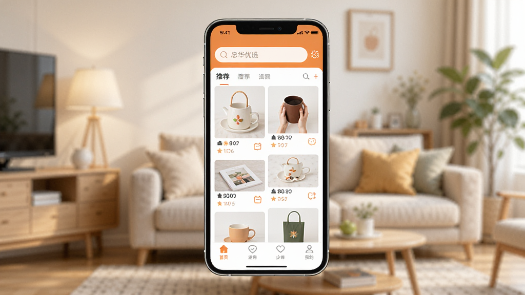 һ��չʾ�һ���ѡApp���Ľ����ͼƬ�������������ֻ���Ļ����Ļ����ʾ�һ���ѡApp��ҳ���������������м�����Ʒ�Ƽ���Ϣ�����ײ��е���������������ܰ�ļҾӻ�����������ִ���ɫ�����������ʸɾ������޶���Ԫ��