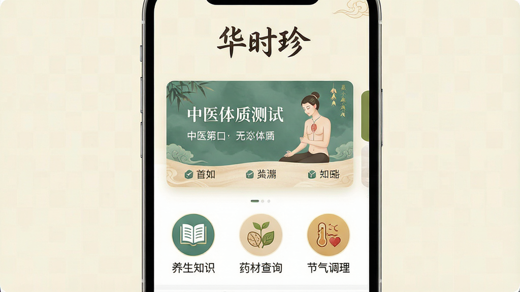 һ���ֻ�App����չʾͼ�����������ǡ���ʱ�䡱App�������棬�����й�����ƣ������ǵ��ŵ��װ�ɫ�����涥���С���ʱ�䡱�����ֵ�Logo���м�������ʾ��ҽ���ʲ��Ե���ڿ�Ƭ���·������š�����֪ʶ������ҩ�Ĳ�ѯ�����������������ȹ���ͼ�꣬���岼������������Լ���£����ʸɾ����޶���Ԫ��