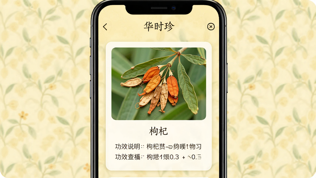 һ��AI���ɵ�ͼƬ������չʾ����ʱ�䡱App����ҩ�Ĳ�ѯҳ�棬�ֻ���Ļ������ʾһζ��ҩ�ĵ���ϸ��Ƭ����Ƭ����ҩ��ͼƬ�����ơ���轡��Լ���Ч˵�����֣������ǵ��ŵ�ǳ��ɫ�����沼�����࣬���������£����ʸɾ����޶���Ԫ��