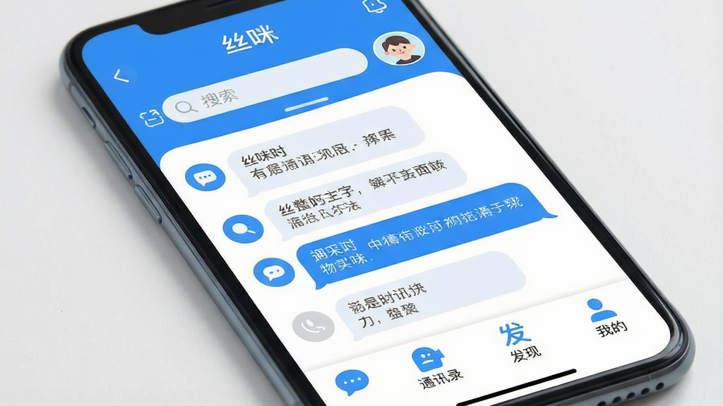 一张手机屏幕展示社交聊天软件界面的详细生图,画面中央是手机,屏幕显示「丝咪」聊天列表界面,顶部有搜索栏和用户头像,中间是几条聊天记录气泡,底部有消息、通讯录、发现、我的四个选项卡,界面以蓝白色为主色调,风格简洁现代扁平,细节圆润,画质干净清晰,无多余元素
