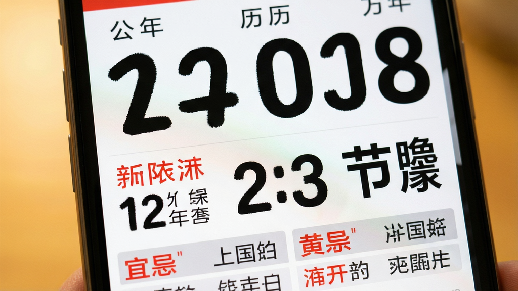 万年历大字版超大字体显示功能展示,手机屏幕特写,屏幕上公历日期数字占据上半屏,字体粗黑醒目,下方农历日期和节气名称同样大号显示,底部黄历宜忌条目用红灰两色区分,每一条文字都清晰可辨,画面整体明亮温暖,背景虚化处理突出手机屏幕内容,风格简洁实用,画质干净无多余元素