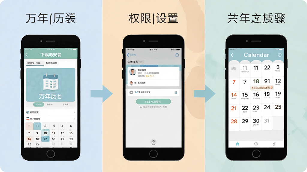 万年历大字版安装使用步骤示意图,画面分为三个部分,左侧展示手机下载安装界面,中间展示权限设置页面,右侧展示日历主界面,每个部分用箭头连接,画面简洁明了,风格扁平化设计,配色柔和,画质干净无多余元素