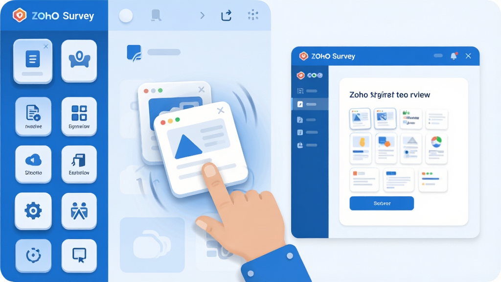 һ��չʾZoho Survey��קʽ�༭���������̵�ʾ��ͼ��������������ŵ�����ͼ���б����м�����ָ��ק��Ŀ��Ƭ�Ķ�̬���ƣ��Ҳ�����ɺ���ʾ�Ԥ�����棬�������������ɫ����ƽ����Ʒ��ϸ��Բ�󣬻��������ɾ��޶���Ԫ��