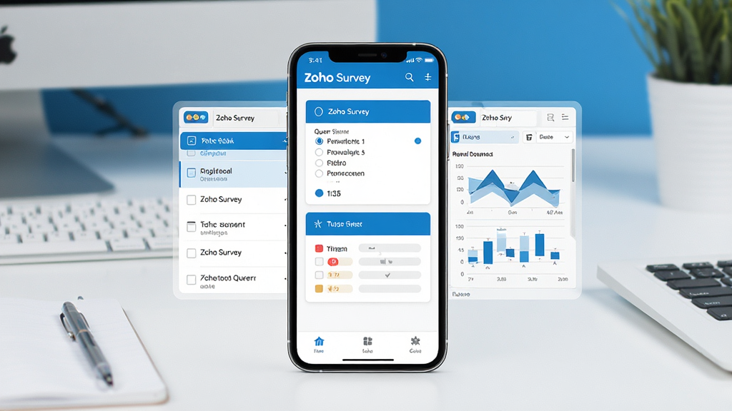 һ��չʾZoho Survey�ƶ���Ӧ�ý���ĳ���ͼ�������������ֻ���Ļ����Ļ����ʾZoho Survey���ʾ��༭���棬������ѡ��������⿨Ƭ������������б����Ҳ���ʵʱ����ͼ���������Ǽ��İ칫���滷��������ִ���ƽ����������ɫΪ����ϸ�����������ʸɾ��޶���Ԫ��