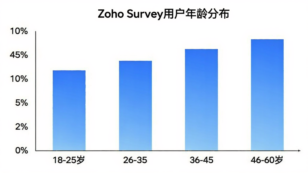 һ��չʾZoho Survey�û�����ֲ�����״ͼ������Ϊ�����18-25�ꡢ26-35�ꡢ36-45�ꡢ46-60�꣬����Ϊ�û�ռ�Ȱٷֱȣ���״ͼ��ɫΪ��ɫ���䣬ͼ������Ϊ��Zoho Survey�û�����ֲ�����������ɫ�������ɾ�
